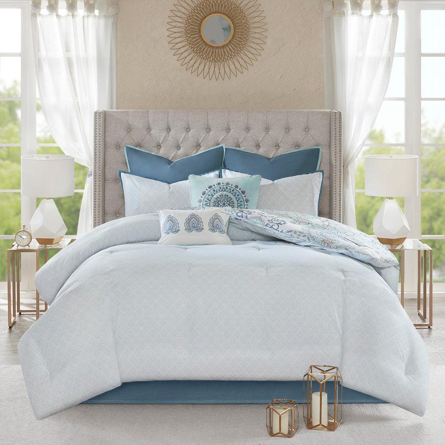 Isla 20 " D 8 Piece Cotton Printed Reversible Comforter Set Blue King Olliix.com