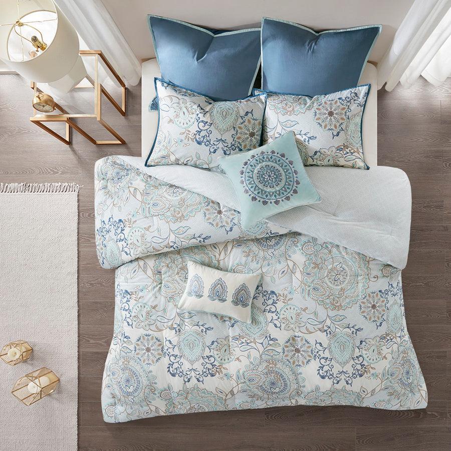 Isla 20 " D 8 Piece Cotton Printed Reversible Comforter Set Blue King Olliix.com