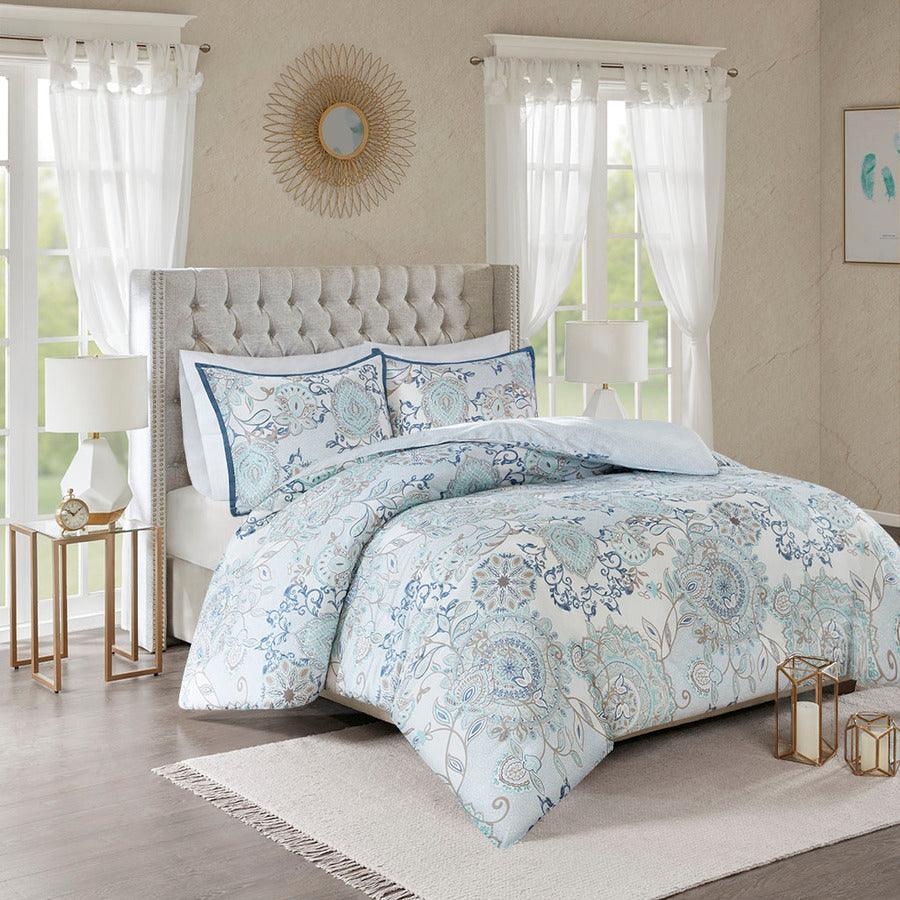 Isla Global Inspired 3 Piece Cotton Printed Reversible Duvet Cover Set Full/Queen Blue Olliix.com