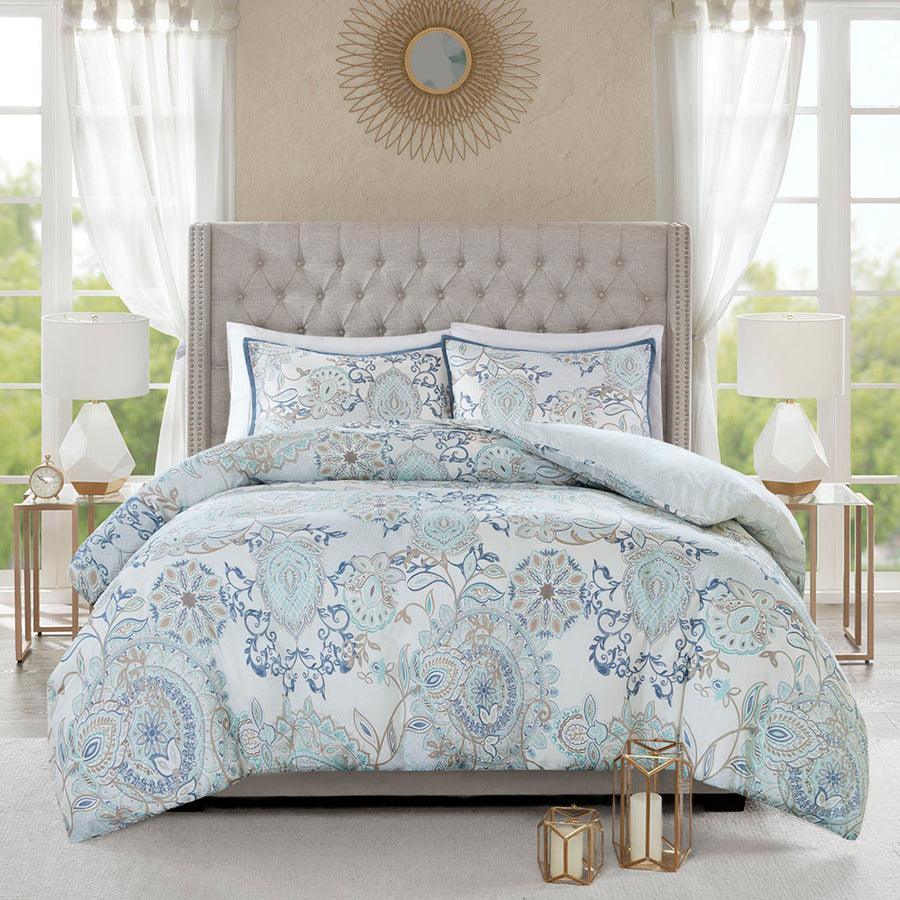 Isla Global Inspired 3 Piece Cotton Printed Reversible Duvet Cover Set Full/Queen Blue Olliix.com