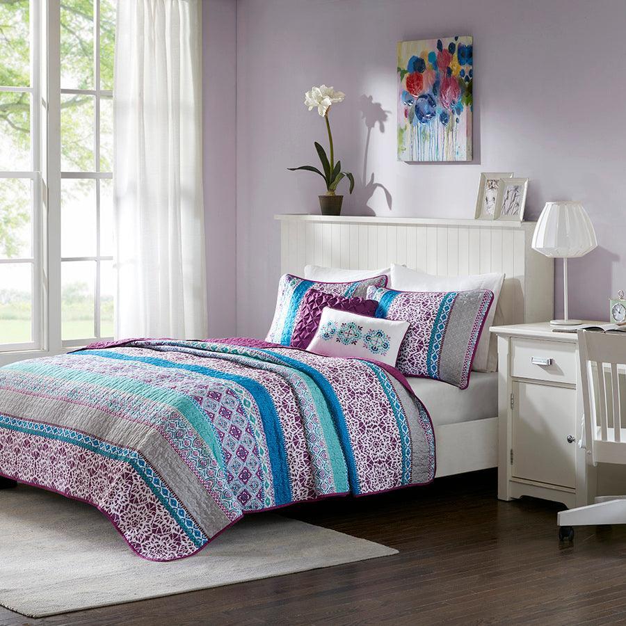 Joni Twin/Twin XL Boho Reversible Coverlet Set Purple Olliix.com