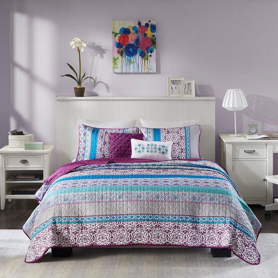 Joni Twin/Twin XL Boho Reversible Coverlet Set Purple Olliix.com