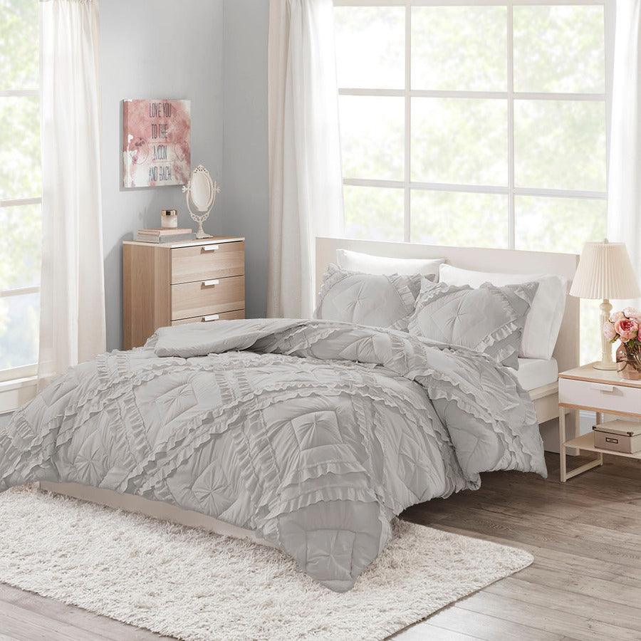 Kacie Twin/Twin XL Solid Coverlet Set With Tufted Diamond Ruffles Gray Olliix.com