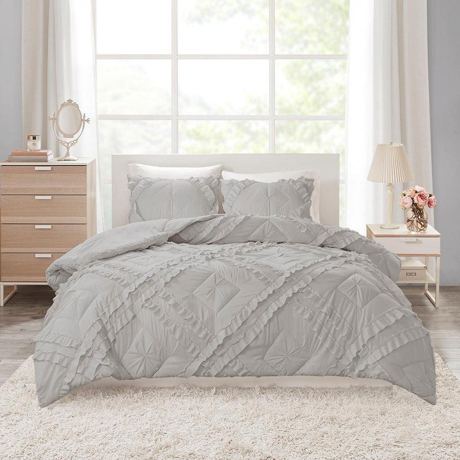 Kacie Twin/Twin XL Solid Coverlet Set With Tufted Diamond Ruffles Gray Olliix.com