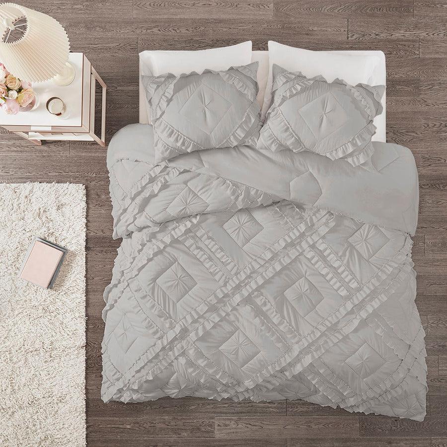 Kacie Twin/Twin XL Solid Coverlet Set With Tufted Diamond Ruffles Gray Olliix.com