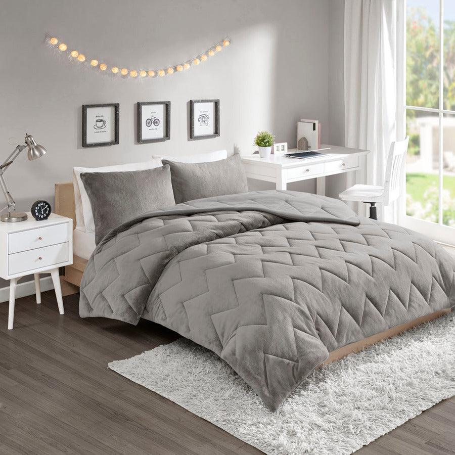 Kai Full/Queen Casual Quilted Reversible Microfiber to Plush Comforter Set Gray Olliix.com