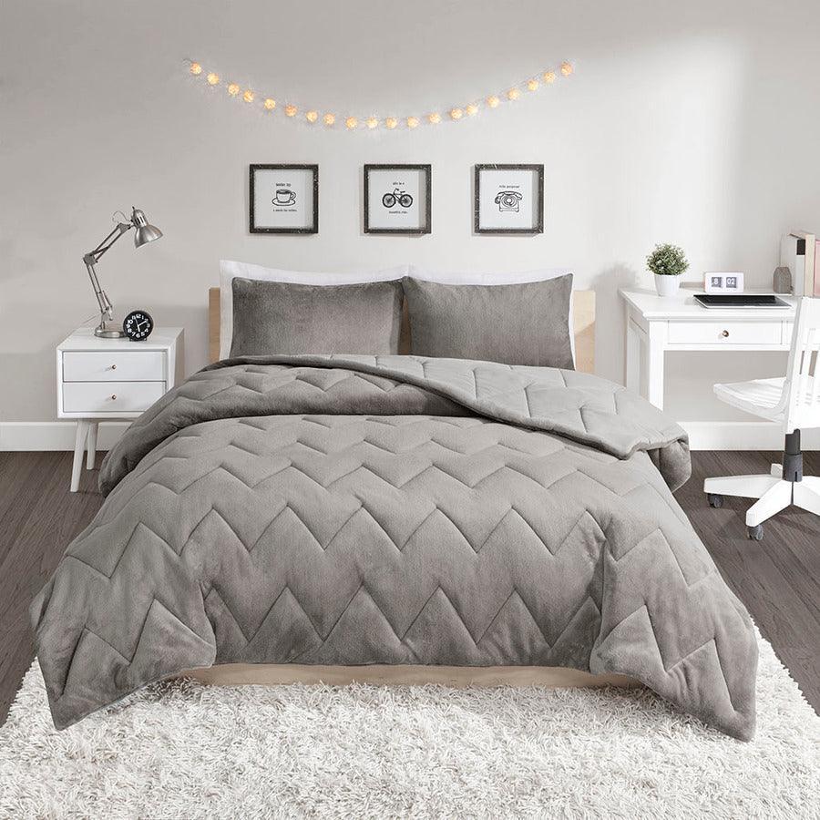 Kai King Quilted Reversible Microfiber to Plush Comforter Set Gray Olliix.com