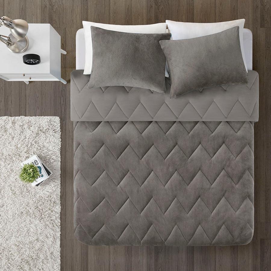 Kai King Quilted Reversible Microfiber to Plush Comforter Set Gray Olliix.com