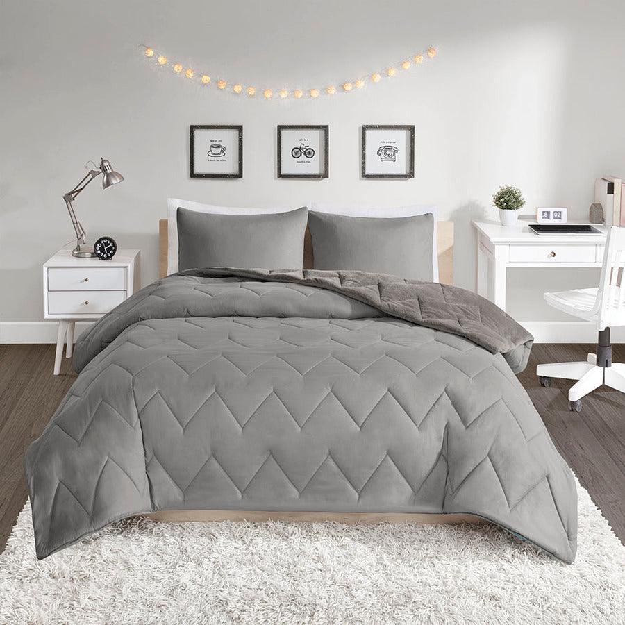 Kai King Quilted Reversible Microfiber to Plush Comforter Set Gray Olliix.com