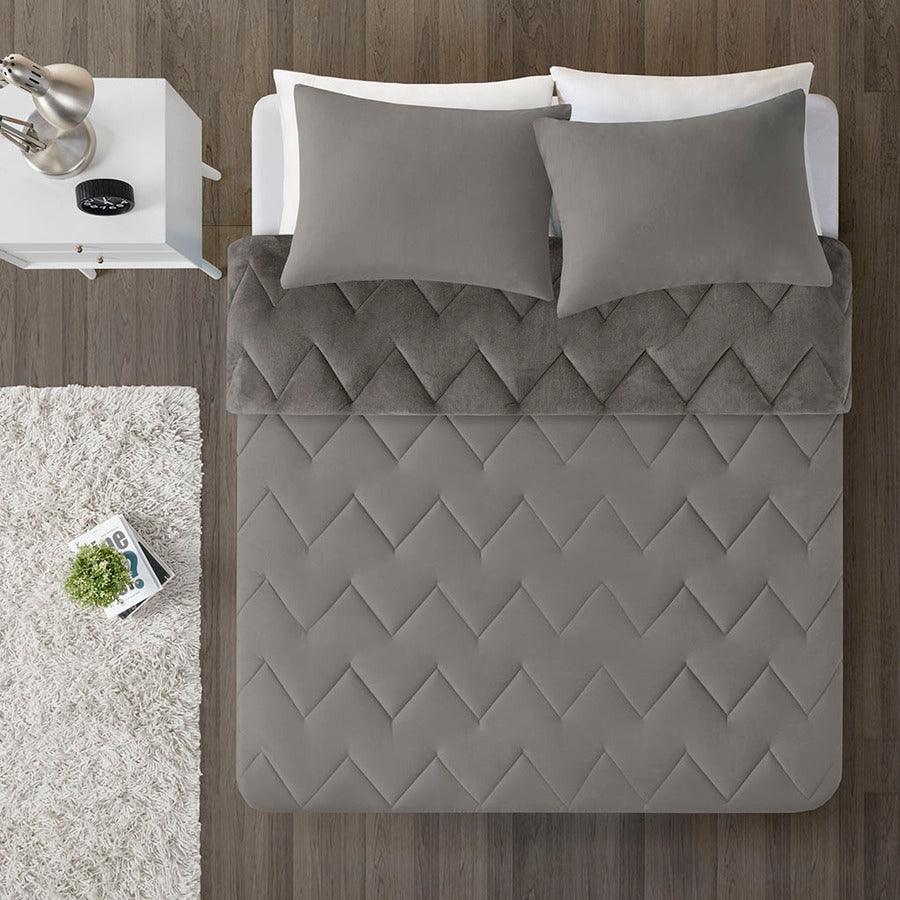 Kai King Quilted Reversible Microfiber to Plush Comforter Set Gray Olliix.com