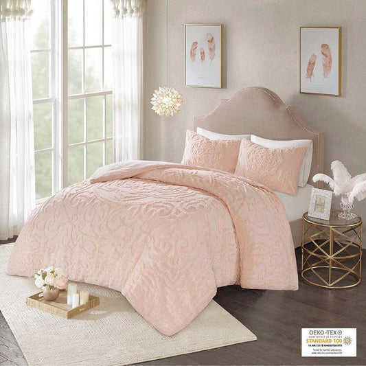 Laetitia Full/Queen Tufted Global Inspired Cotton Chenille Medallion Comforter Set Blush Olliix.com