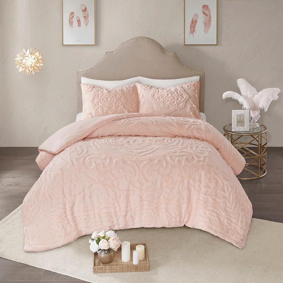 Laetitia Full/Queen Tufted Global Inspired Cotton Chenille Medallion Comforter Set Blush Olliix.com