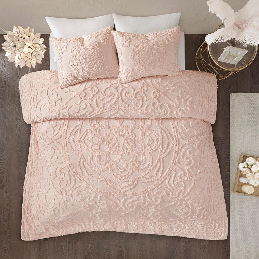 Laetitia Full/Queen Tufted Global Inspired Cotton Chenille Medallion Comforter Set Blush Olliix.com