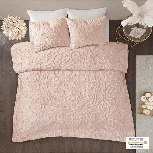 Laetitia Global Inspired Tufted Cotton Chenille Medallion Duvet Cover Set Full/Queen Blush Olliix.com