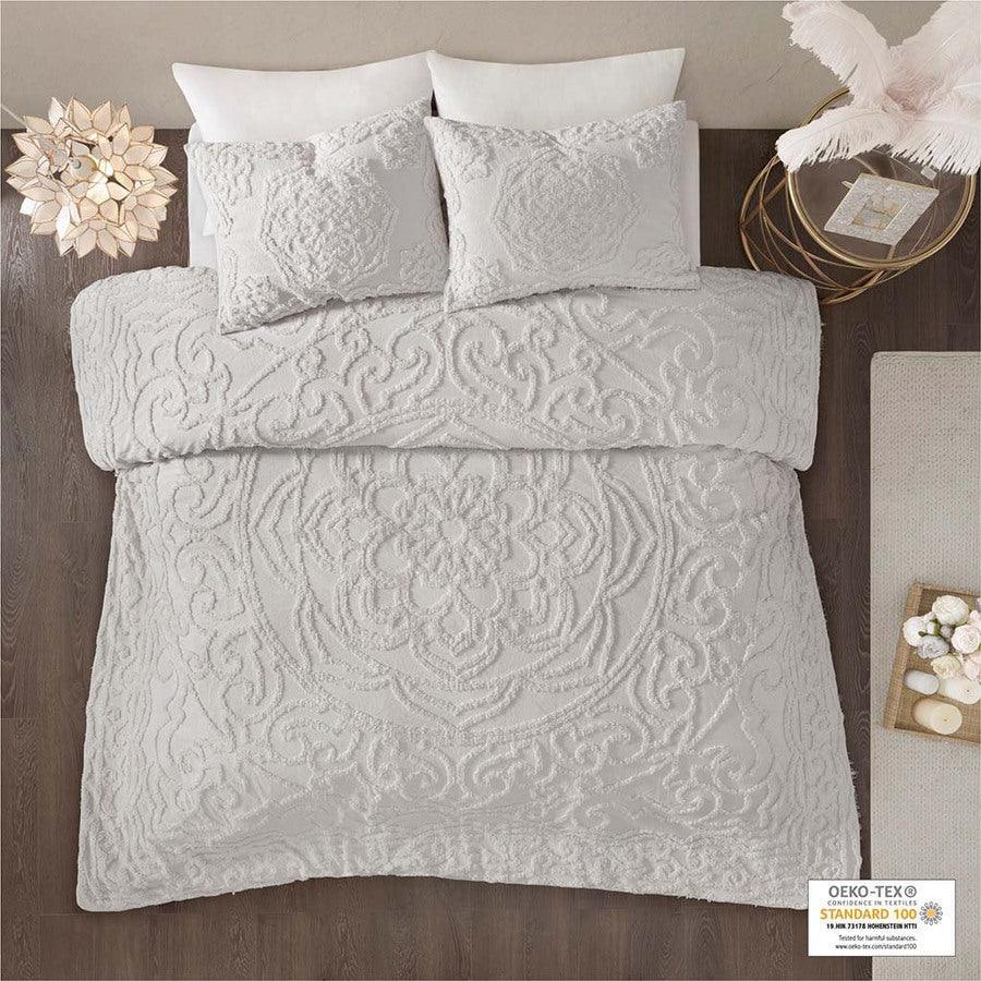 Laetitia Global Inspired Tufted Cotton Chenille Medallion Duvet Cover Set Full/Queen Gray Olliix.com