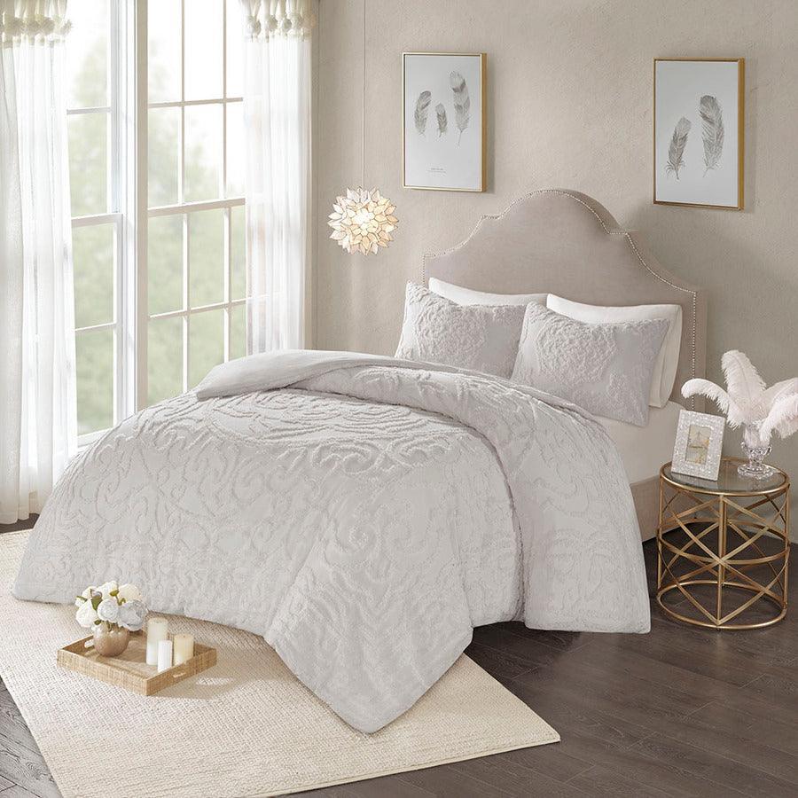 Laetitia Global Inspired Tufted Cotton Chenille Medallion Duvet Cover Set Full/Queen Gray Olliix.com