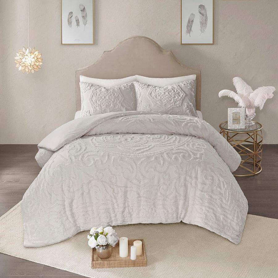 Laetitia Global Inspired Tufted Cotton Chenille Medallion Duvet Cover Set Full/Queen Gray Olliix.com