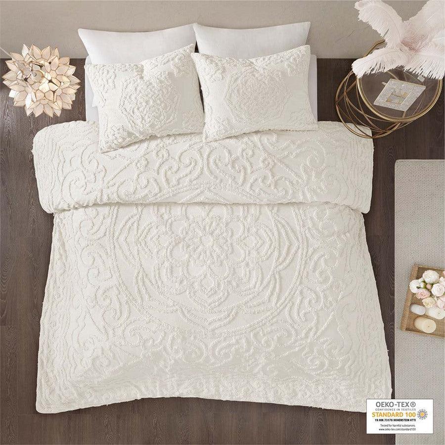 Laetitia Global Inspired Tufted Cotton Chenille Medallion Duvet Cover Set Full/Queen Ivory Olliix.com