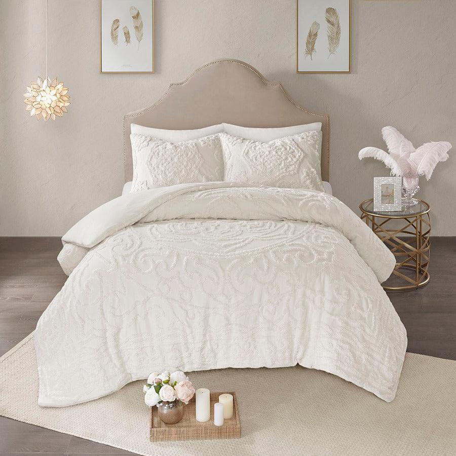 Laetitia Global Inspired Tufted Cotton Chenille Medallion Duvet Cover Set Full/Queen Ivory Olliix.com