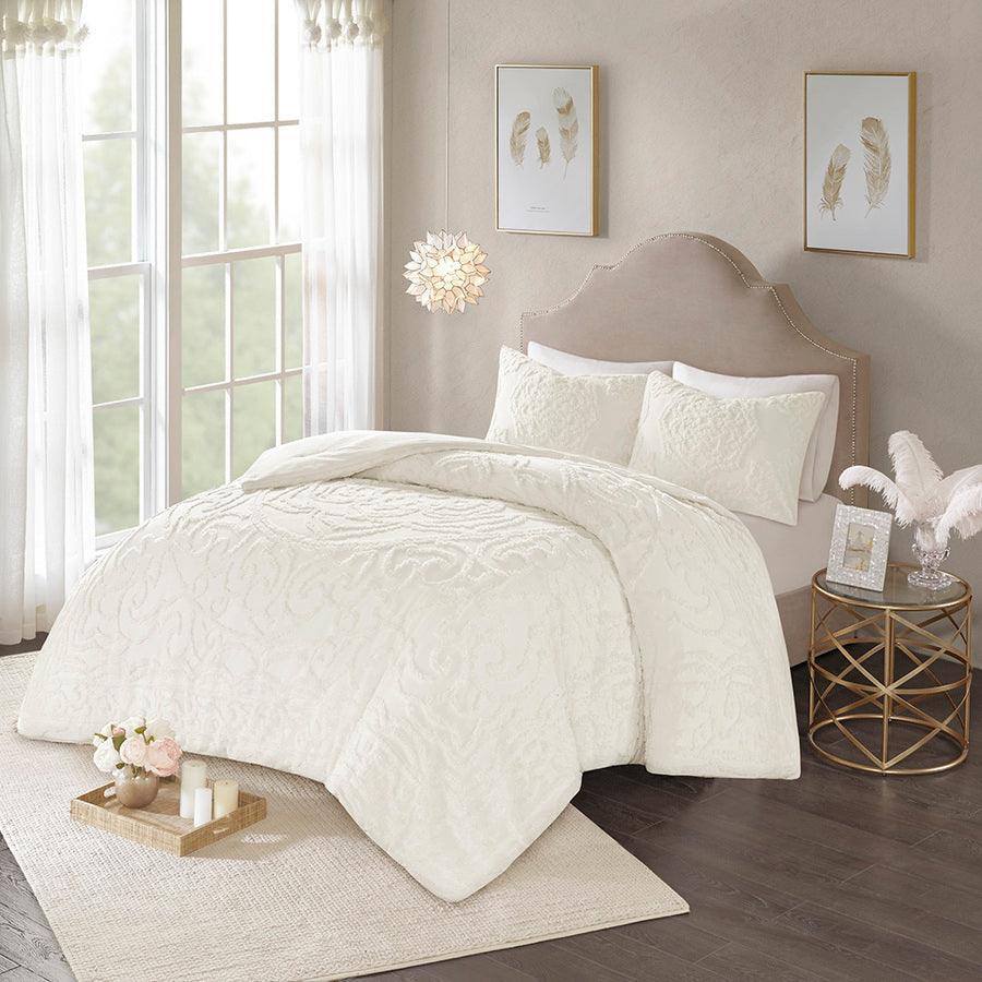 Laetitia Global Inspired Tufted Cotton Chenille Medallion Duvet Cover Set Full/Queen Ivory Olliix.com