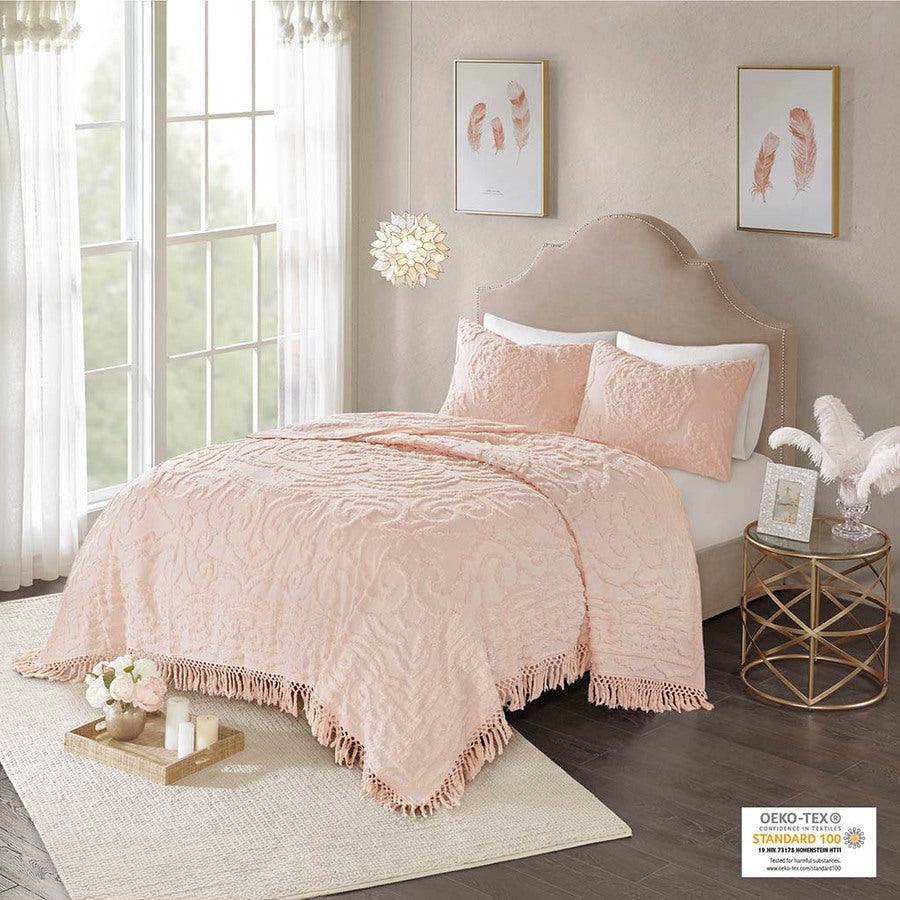 Laetitia King/California King Tufted Cotton Chenille Medallion Fringe Coverlet Mini Set Blush Olliix.com