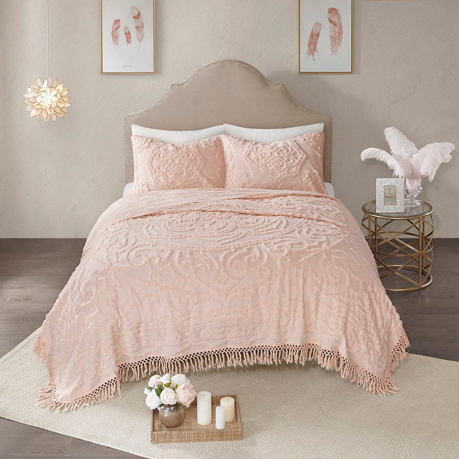 Laetitia King/California King Tufted Cotton Chenille Medallion Fringe Coverlet Mini Set Blush Olliix.com