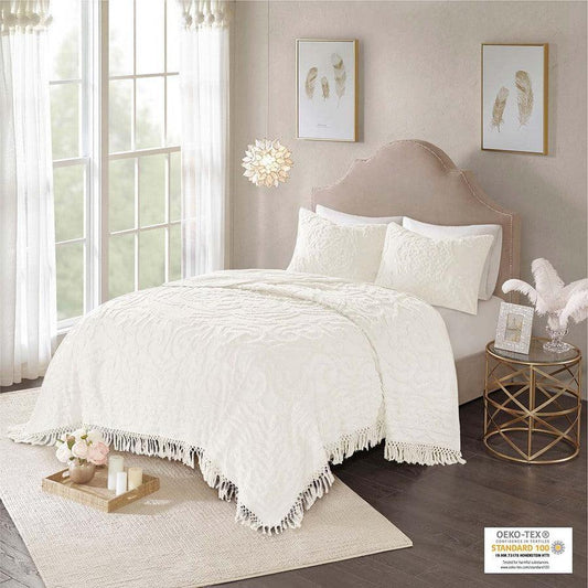 Laetitia King/California King Tufted Cotton Chenille Medallion Fringe Coverlet Mini Set Ivory Olliix.com