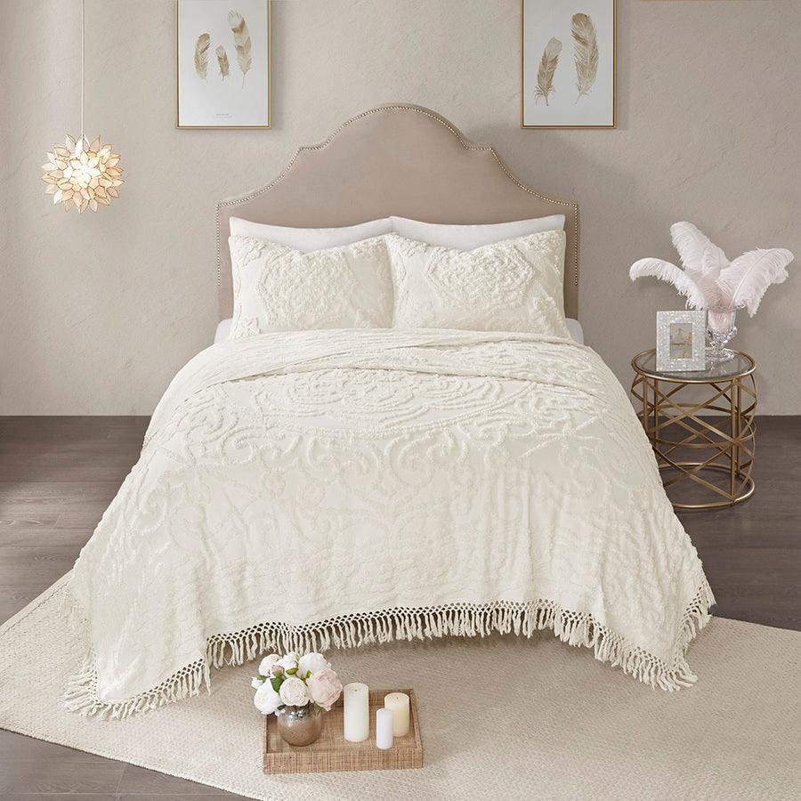 Laetitia King/California King Tufted Cotton Chenille Medallion Fringe Coverlet Mini Set Ivory Olliix.com