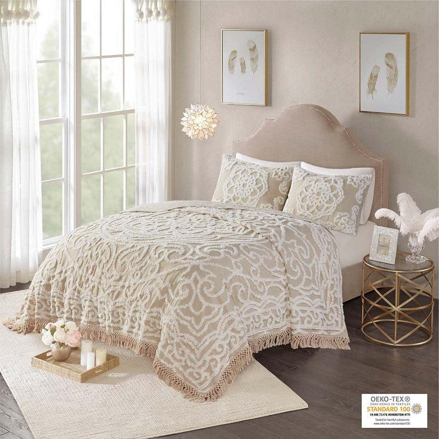 Laetitia King/California King Tufted Cotton Chenille Medallion Fringe Coverlet Mini Set Taupe Olliix.com