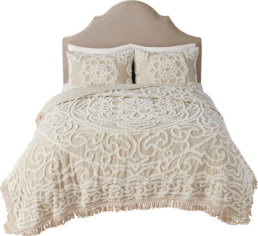 Laetitia King/California King Tufted Cotton Chenille Medallion Fringe Coverlet Mini Set Taupe Olliix.com