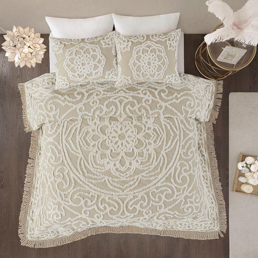 Laetitia King/California King Tufted Cotton Chenille Medallion Fringe Coverlet Mini Set Taupe Olliix.com