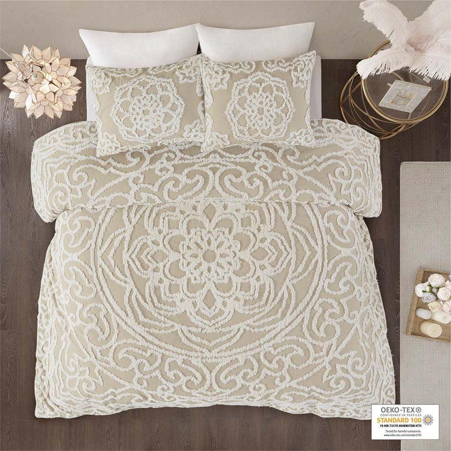 Laetitia Shabby Chic Tufted Cotton Chenille Medallion Duvet Cover Set Full/Queen Taupe Olliix.com