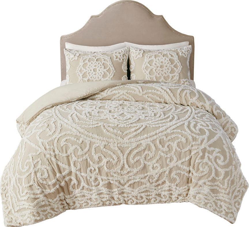 Laetitia Shabby Chic Tufted Cotton Chenille Medallion Duvet Cover Set Full/Queen Taupe Olliix.com