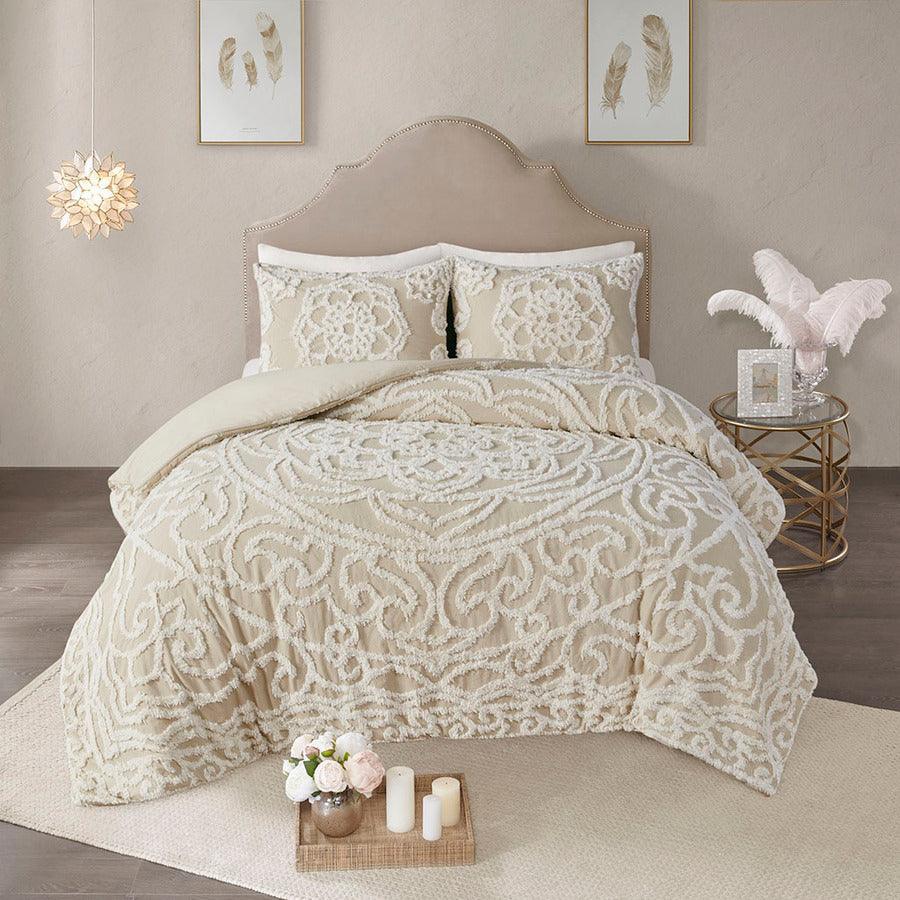 Laetitia Shabby Chic Tufted Cotton Chenille Medallion Duvet Cover Set Full/Queen Taupe Olliix.com