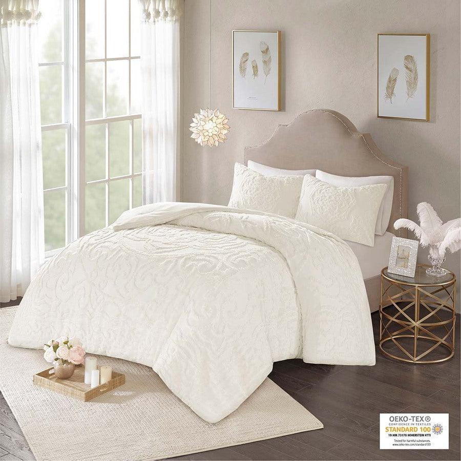 Laetitia Tufted Cotton 26 " W Chenille Medallion Comforter Set Ivory Full/Queen Olliix.com