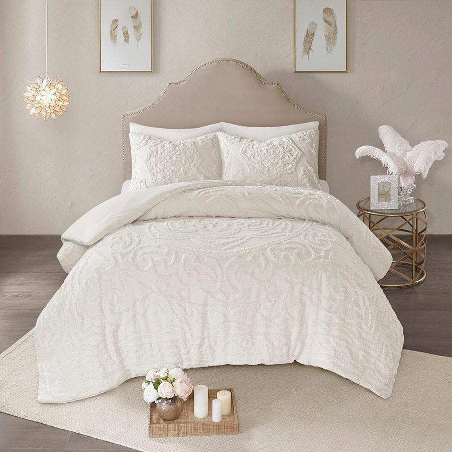 Laetitia Tufted Cotton 26 " W Chenille Medallion Comforter Set Ivory Full/Queen Olliix.com