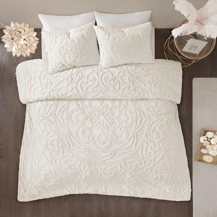 Laetitia Tufted Cotton 26 " W Chenille Medallion Comforter Set Ivory Full/Queen Olliix.com