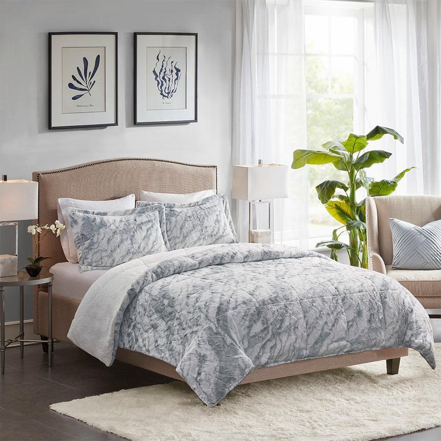 Lana Casual Marble Faux Fur Comforter Set Gray | Blue Queen Olliix.com