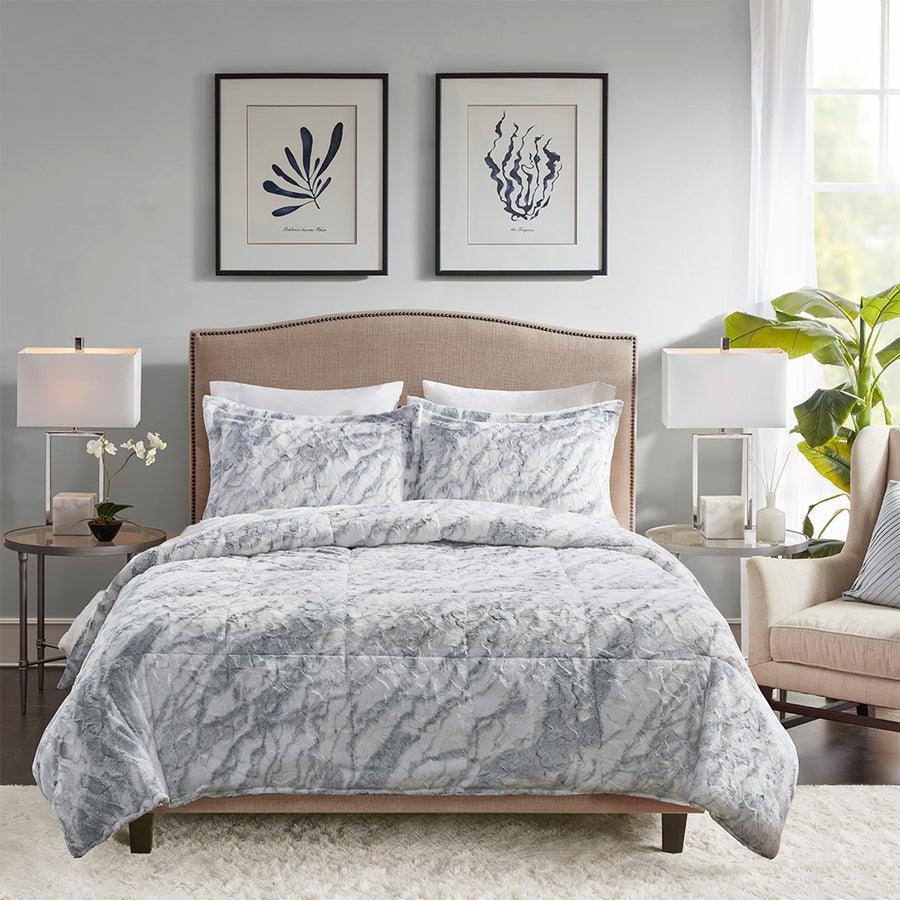 Lana Casual Marble Faux Fur Comforter Set Gray | Blue Queen Olliix.com