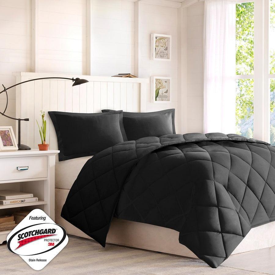 Larkspur King 3M Scotchgard Reversible Down Alt Comforter Set Black & Black Olliix.com