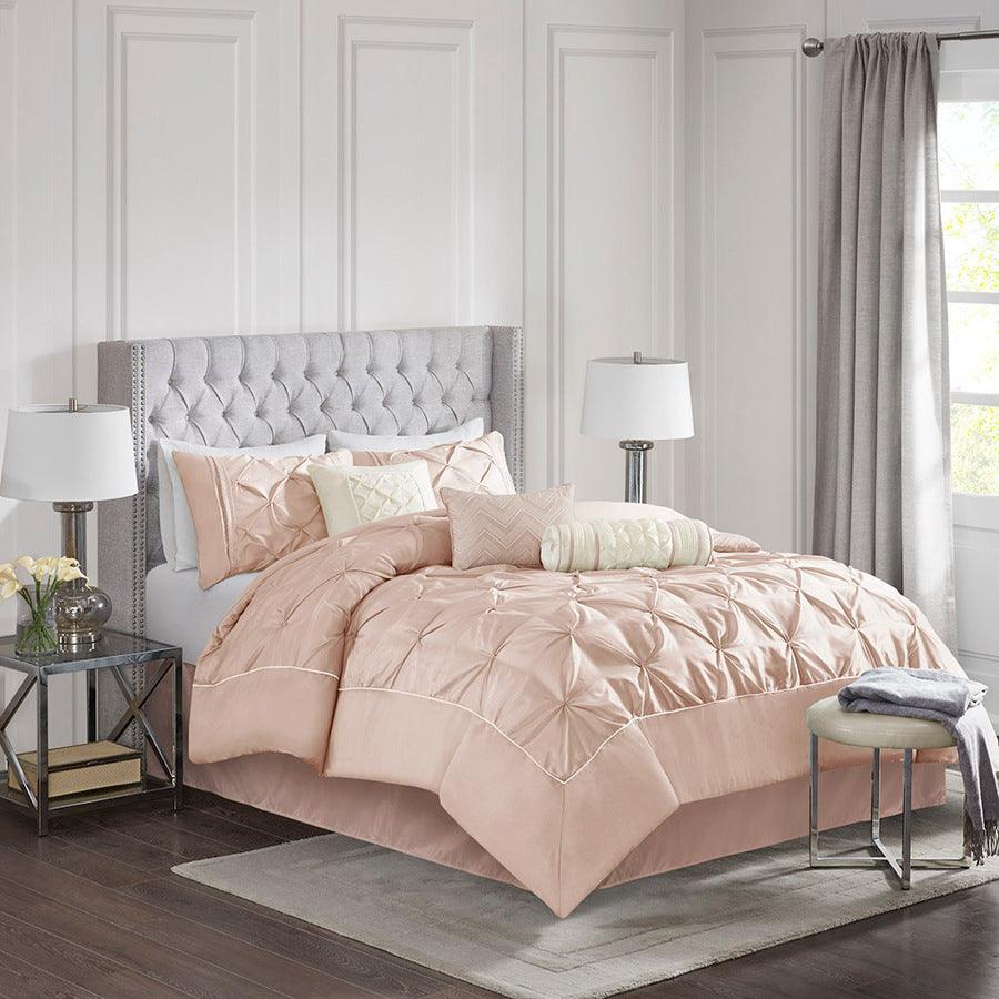 Laurel King 100% Polyester Pieced Pleated 7pcs Comforter Set Blush Olliix.com