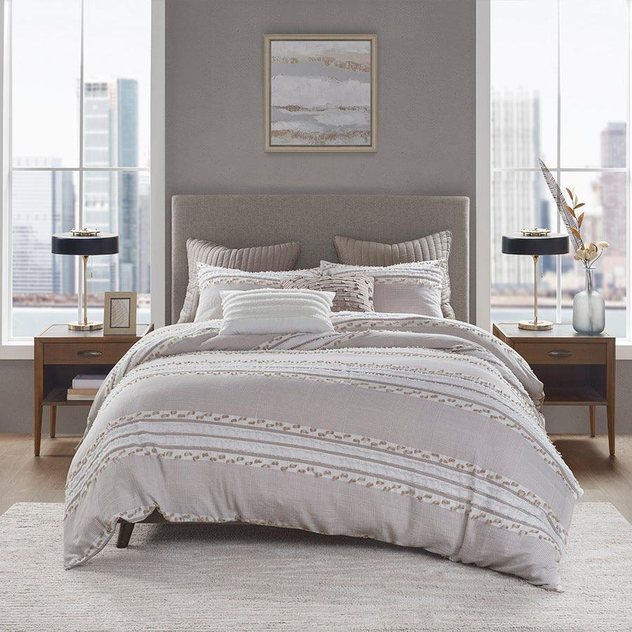 Lennon Full/Queen Organic Cotton Jacquard Duvet Cover Set Taupe Olliix.com