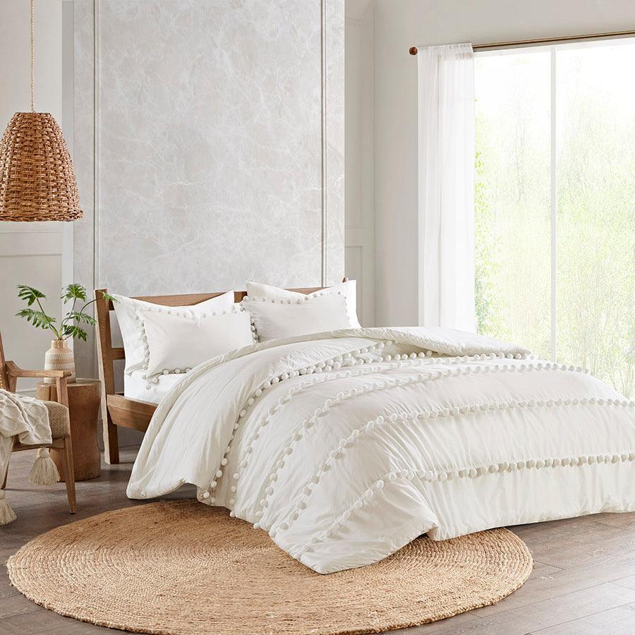 Leona 3 Piece Pom Pom Cotton Comforter Set Ivory Full/Queen Olliix.com