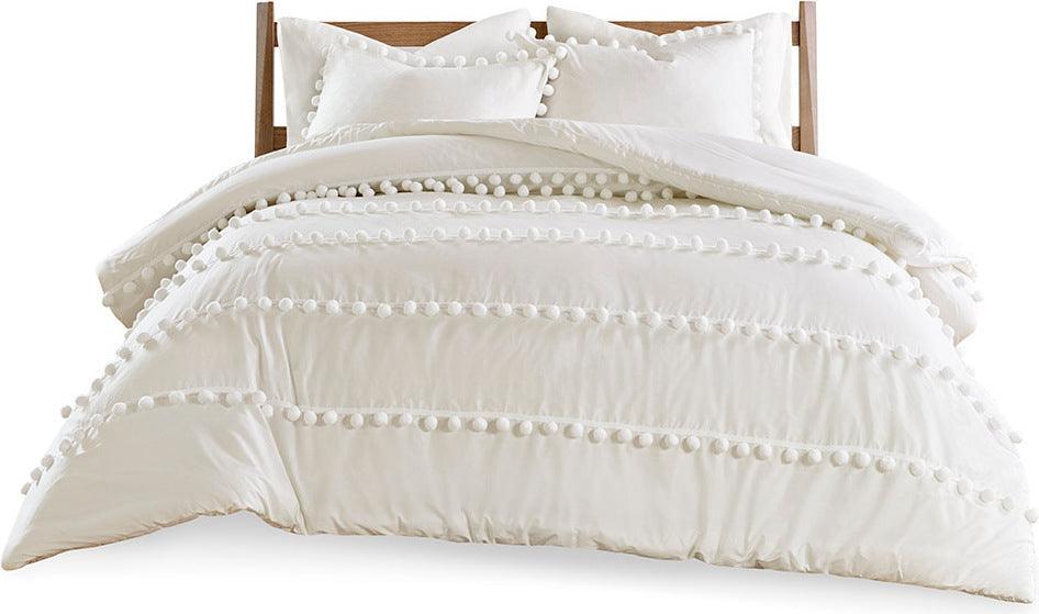 Leona 3 Piece Pom Pom Cotton Comforter Set Ivory Full/Queen Olliix.com