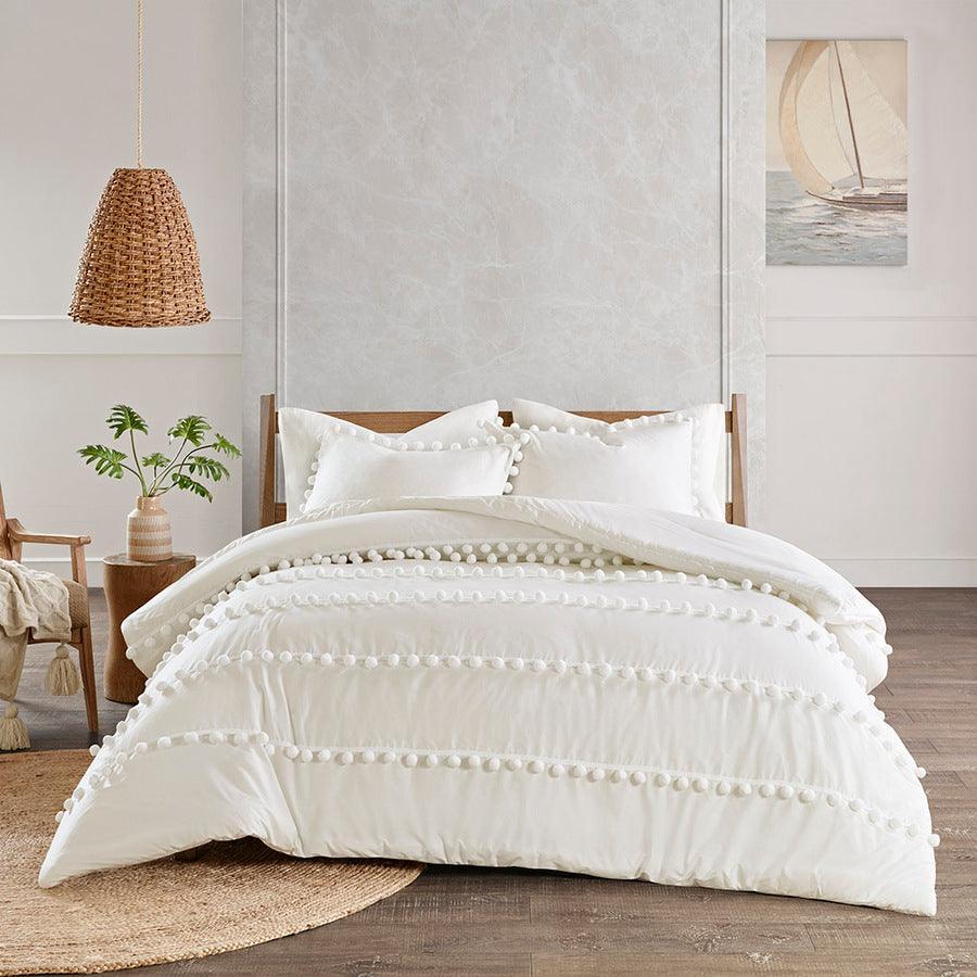 Leona 3 Piece Pom Pom Cotton Comforter Set Ivory Full/Queen Olliix.com