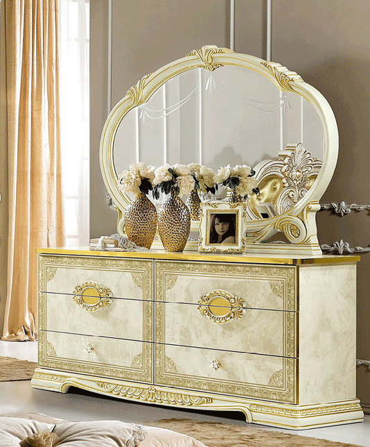 ESF Furniture - Leonardo Double Dresser with Mirror Set in Ivory-Gold - LEONARDODRESSER-M ESF Furniture