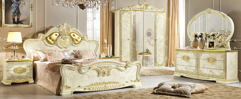 ESF Furniture - Leonardo 5 Piece Bedroom Queen Panel Bed Set in Ivory-Gold - LEONARDOBEDQ.S-5SET ESF Furniture