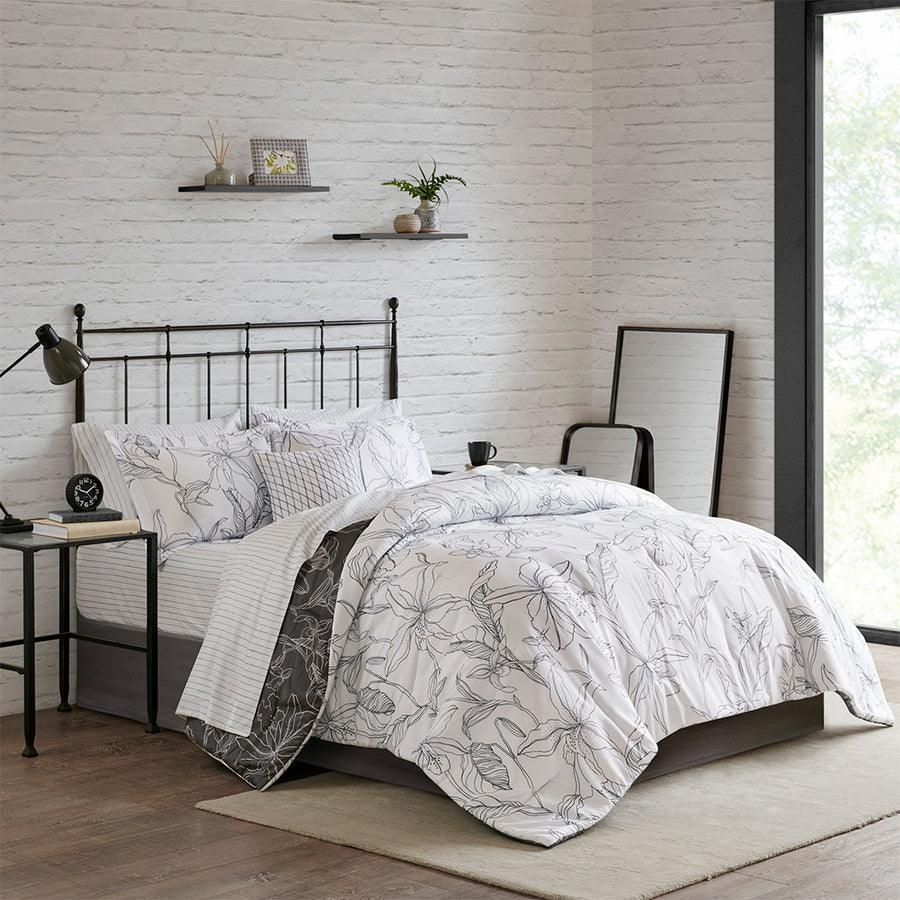 Lilia California King Reversible Complete bedding set with Cotton Sheet White & Charcoal Olliix.com