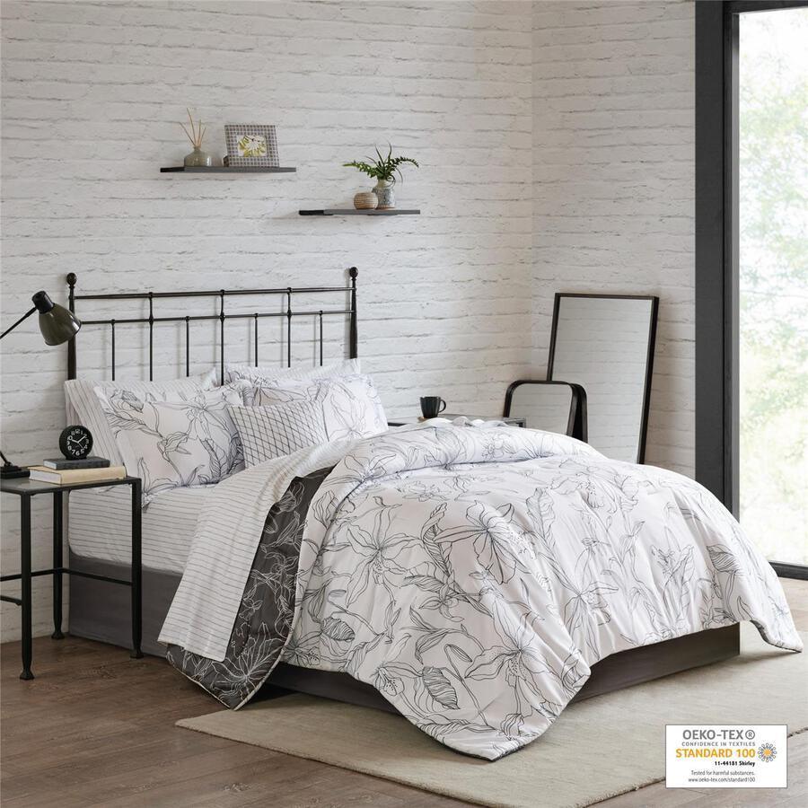 Lilia California King Reversible Complete bedding set with Cotton Sheet White & Charcoal Olliix.com