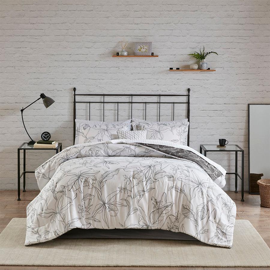 Lilia California King Reversible Complete bedding set with Cotton Sheet White & Charcoal Olliix.com